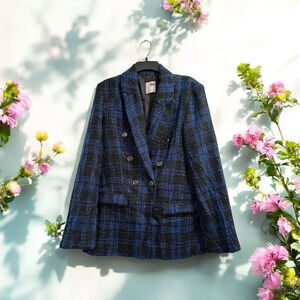 SO Womens XL Black & Blue Plaid Blazer Shiny Faux Double-Breasted Career Jacket